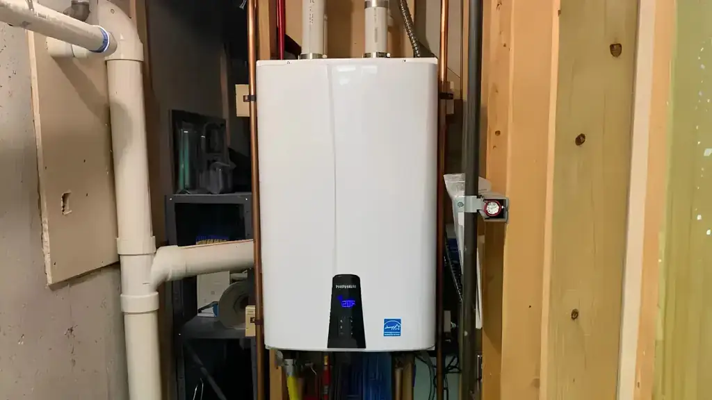 New wall-hung tankless water heater with white PVC venting in a basement utility space